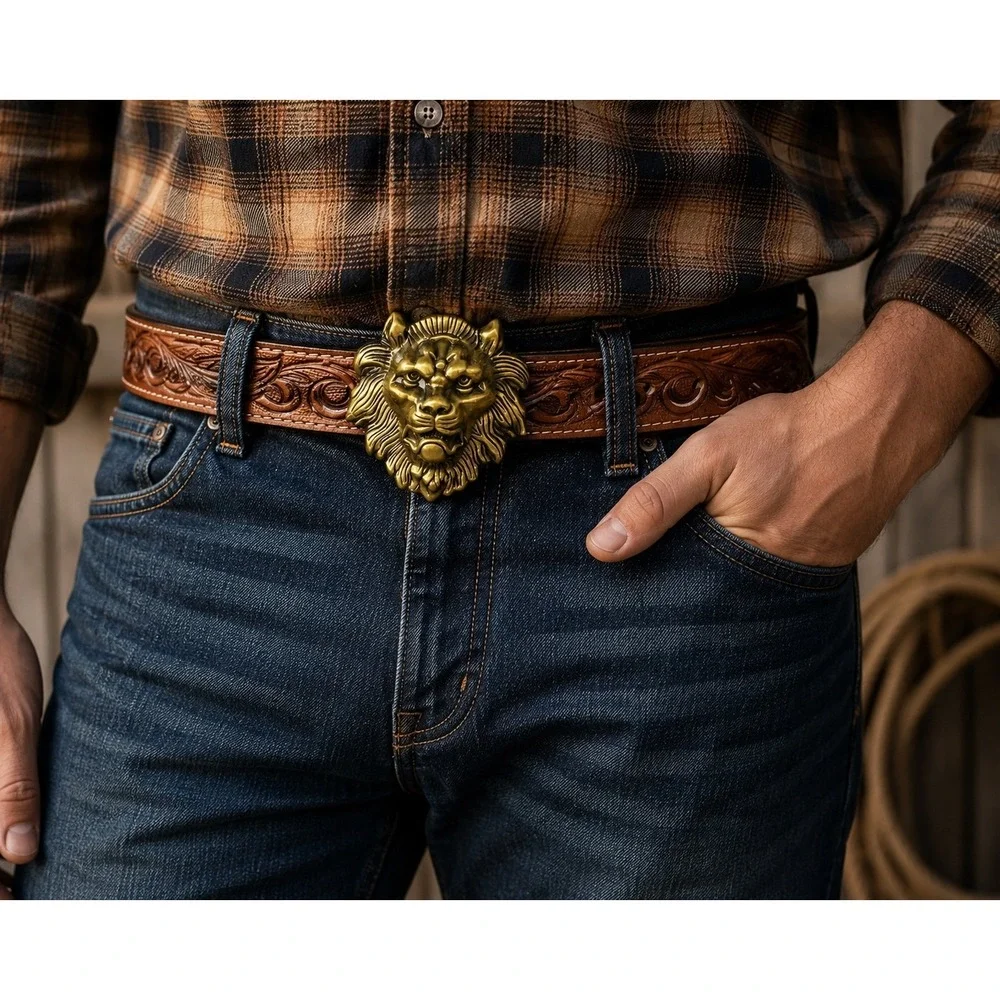 Vintage Lion‎ Head Buckle Belt Full Grain Leather Tooled Western USA Size 48